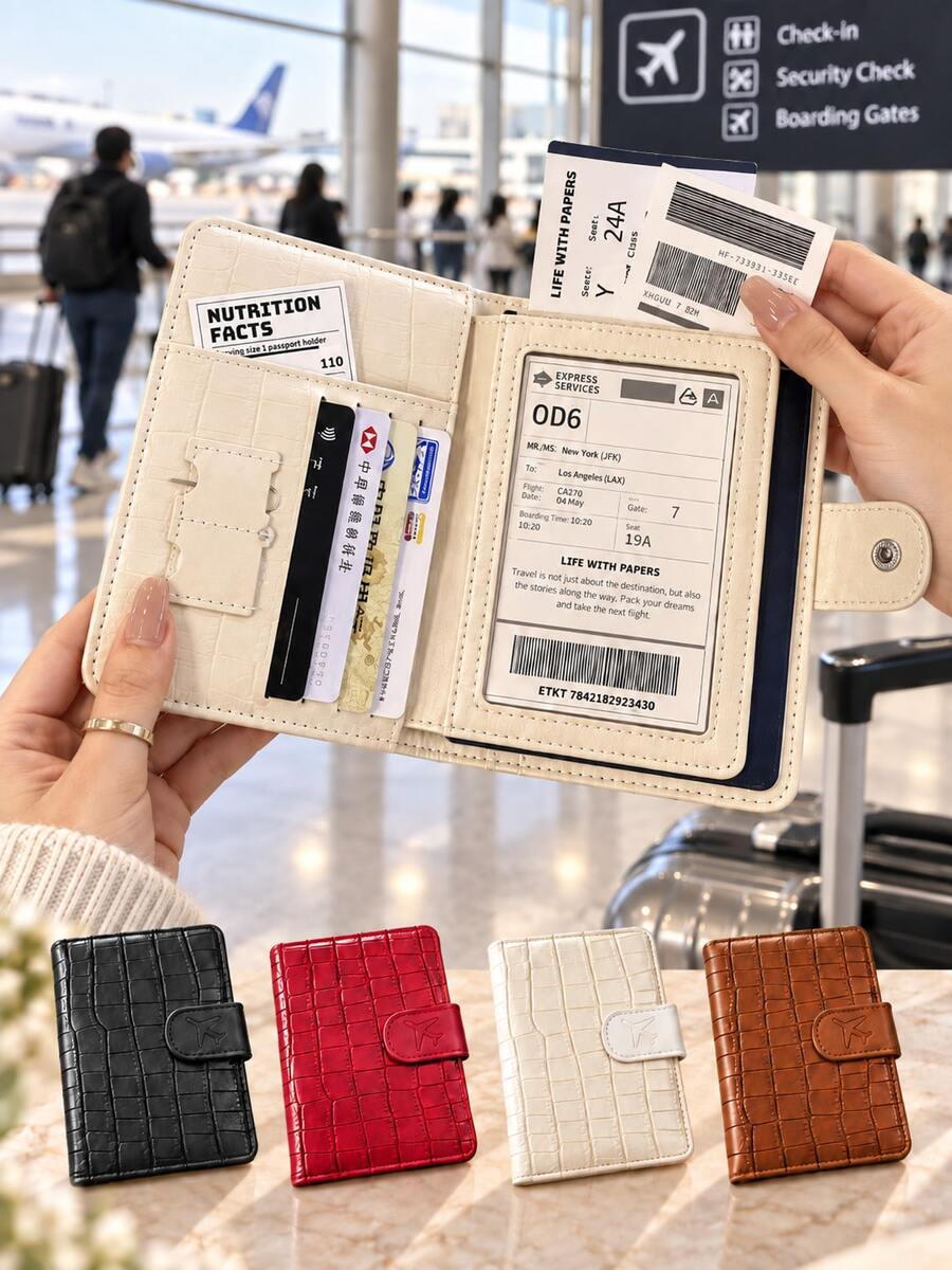 Rfid Blocking Passport Holder, 1pc Pu Leather Crocodile Pattern Travel Wallet, Multi Card Slots, Id Window, Credit Card & Boarding Pass Organizer, Snap Closure Airplane Embossed Passport Cover Case For Women Men, International Travel Essentials