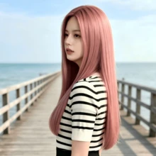 Women's 28-Inch Pink Long Straight Synthetic Wig - Natural Look, Middle Part Design, Suitable For Daily Wear, Party Dress-Up, Halloween, Holiday Headwear, Photography Styling, Cosplay - Pink - View 2