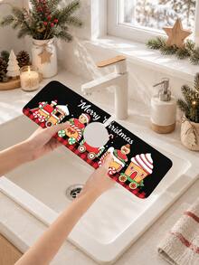 1pc Christmas Gingerbread Man Pattern, Sink Faucet Water Absorbent Mat, Drainage Mat, Suitable For Kitchen, Bathroom Sink, Countertop, Drainage Mat, Diatomaceous Earth Material, Trimmable, Quick-Drying Mat - Multicolor - View 6