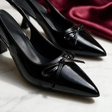 Women's Comfy And Stylish Black High Heels With A Bow-Topped Pointed Stiletto, Perfect For Fall And Winter Work, Parties, Or Weddings - Black - View 7