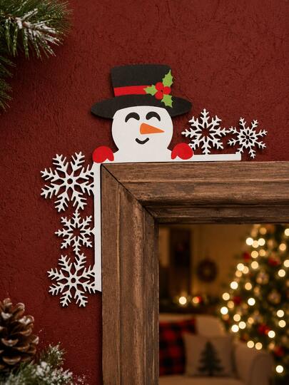 1pc Christmas Door Frame Corner Decor Snowman Hollow Hanging Sign With Top Hat, Holly Leaves And Snowflakes, Christmas Holiday Door Top Decoration, Suitable For Indoor Entryway, Fireplace Mantel, Window, Farmhouse Style Seasonal Home Holiday Wall Corner Decor