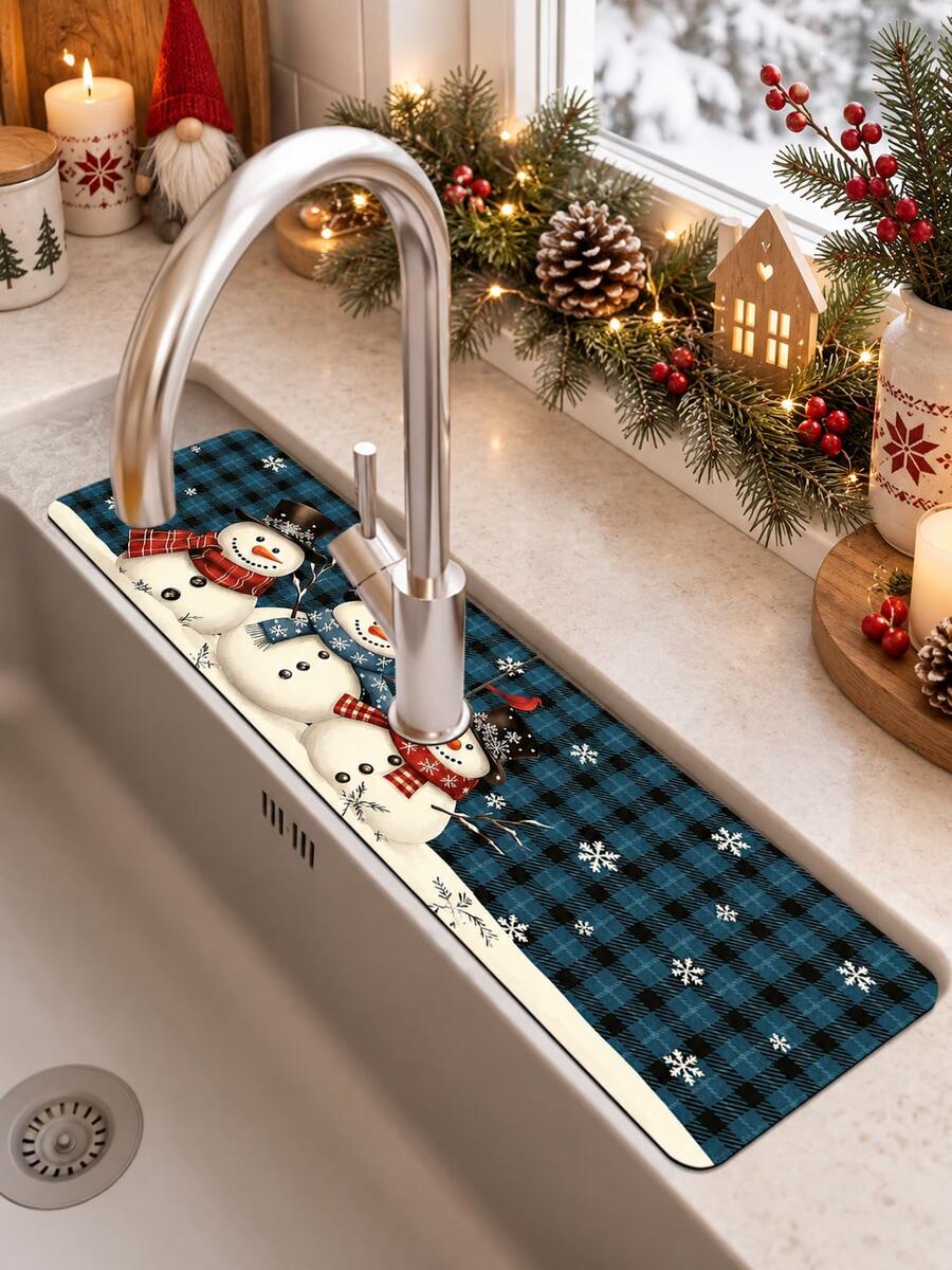 1件裝水槽水龍頭吸水墊，聖誕雪人圖案，排水墊，適用於廚房、浴室水槽、檯面，矽藻土材質，可修剪，快速乾燥墊 - 彩色 - 查看 1