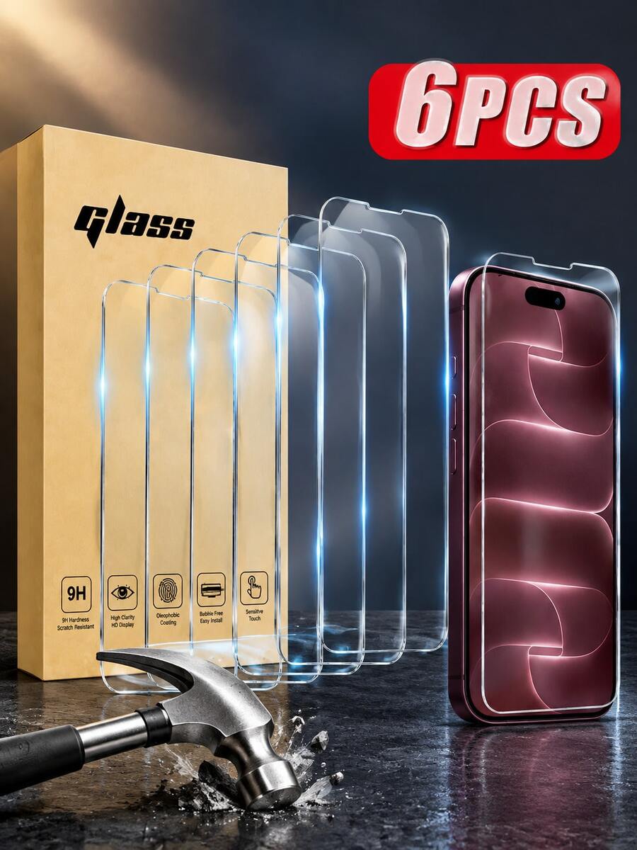 6片裝強化玻璃螢幕保護貼，相容於 18 Pro Max、18 Pro、18、17、17 Pro、17 Pro Max、17 Air、16、16 Plus、16 Pro、16 Pro Max、15、14、13、12、11 Pro Max、X、XS、XR、Mini、7、8、14 Plus，亦相容於 14、15 Pro Max，玻璃材質，適合作為家人或朋友的生日禮物，手機螢幕保護貼，手機配件