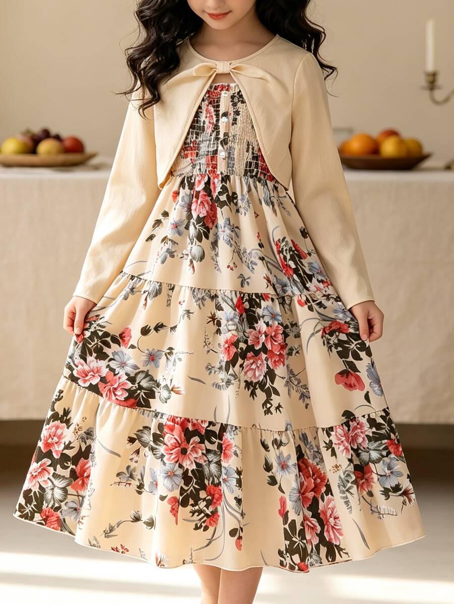 Left Mama Tween Girl Ditsy Floral Long Sleeve Top And Spaghetti Strap Dress Set, Spring & Autumn - Apricot - View 1