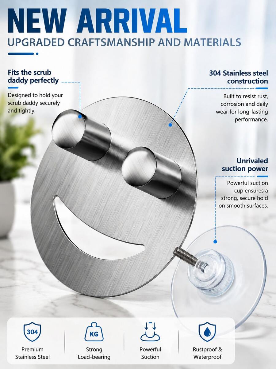 1Pc Stainless Steel Smiling Face Sponge Holder, Durable Suction Cup Sink Caddy Organizer, Space-Saving Scrubber Storage Rack, Quick-Dry Sponge Holder For Kitchen, Bathroom Sink, Home, RV And Apartment - Multicolor - View 1