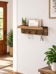 Rustic Wooden Wall-Mounted Key Storage Rack With Shelf And Hooks, Vintage Mail Organizer Holder, Decorative Key Rack Perfect For Entryway Hallway Living Room Bedroom Kitchen Home Organization Storage Solution - 1 Pack - View 1