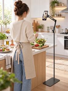 Tablet And Phone Floor Stand, Adjustable Height 360° Rotating Bracket, Flexible Spring Arm Overhead Stand, Wide Metal Base, Universal 4.7-12.9 Inch Tablet And Smartphone Holder, Suitable For Bed, Sofa, Kitchen, Hands-Free Viewing, Reading, Video Calls, Live Streaming - View 4