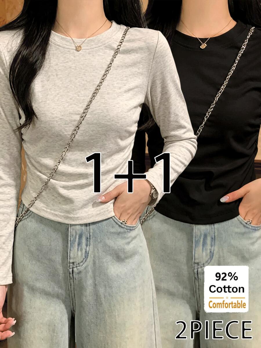 2件組秋季新款女款短款長袖T恤抽繩側邊設計修身上衣時尚優雅 - 黑色+花灰色 - 查看 1