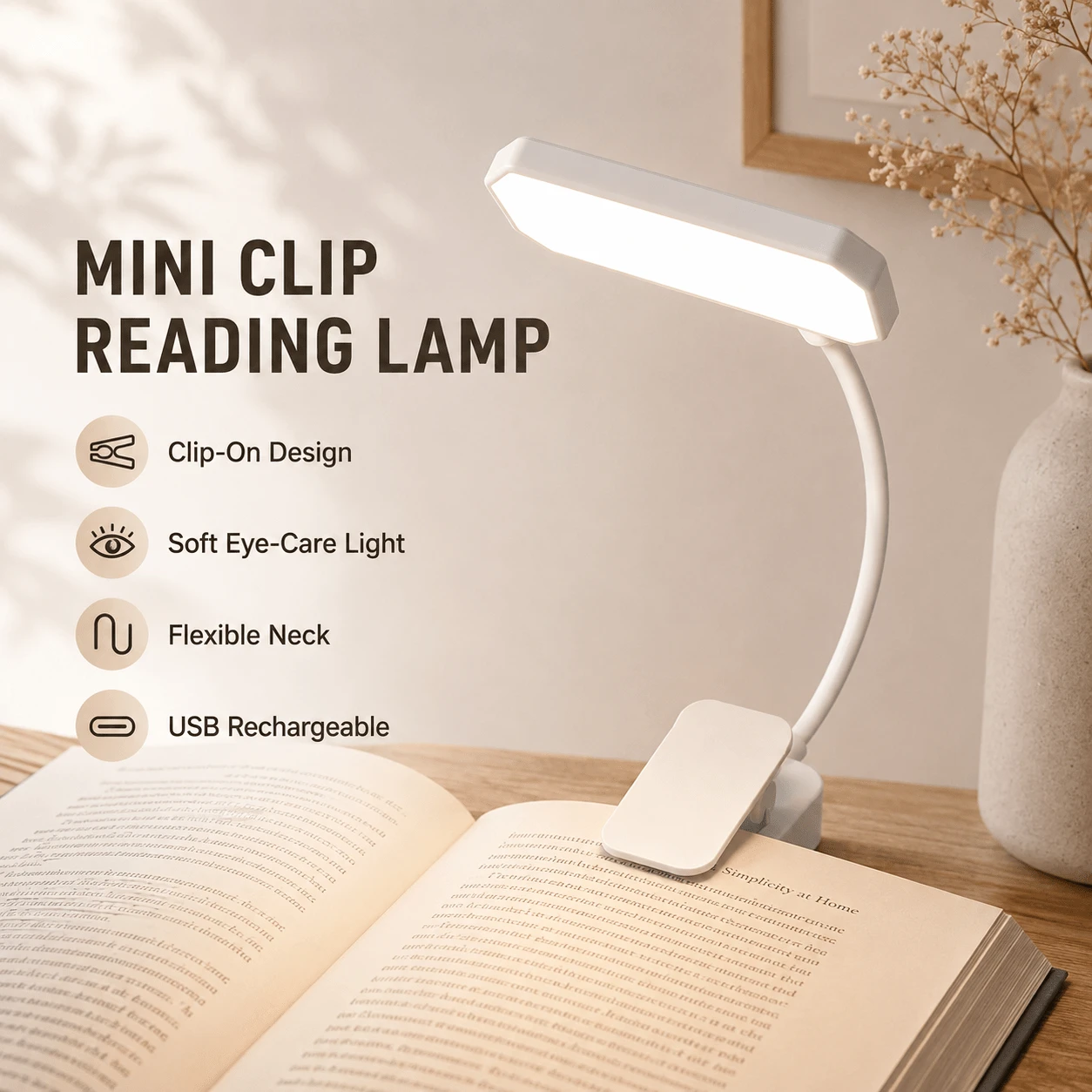 DO AS YOU WISH Rechargeable LED Clip-On Reading Light, 360° Adjustable Flexible Lamp Arm, Supports White/Warm/Warm White Light Switching, Suitable For Night Reading, Bedside Learning, Desktop Use - 1-pack - View 1