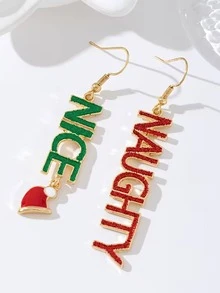 1 Pair Naughty & Nice Gold Shiny Christmas Letter Pendant Earrings With Santa Hat Charm, Asymmetrical Red & Green Christmas Color Earrings, Suitable For Girls, Holiday Party Gift - Multicolor - View 1