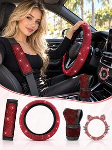 4pcs Sparkling Rhinestone Car Interior Accessories Set For Women, Cat Ear Start Button Ring, No Inner Ring Steering Wheel Cover, Gear Shift Cover And Seat Belt Shoulder Pad - Driver's Seat Set - View 3
