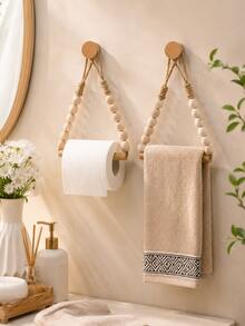 1/2pcs No-Drill Wall-Mounted Toilet Paper Holder, Kitchen Wall-Mounted Paper Towel Rack With Hooks, Modern Home Fashion Accessory, Bohemian Style Hanging Paper Towel Roll - Brown - View 4