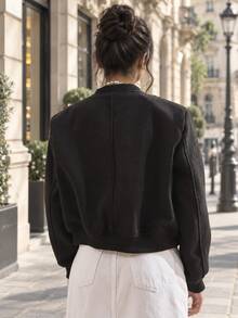 TRAFZA Women's Retro Solid Color Long Sleeve Jacket With Pockets And Buttons, Casual Autumn Bomber Jacket Black Spring - Black - View 6