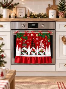 Christmas Elf Family Red Cardinal Print Oven Curtain, Red Scalloped Edge Fabric Oven Curtain, Christmas Kitchen Holiday Decor - Three Dwarfs - View 6