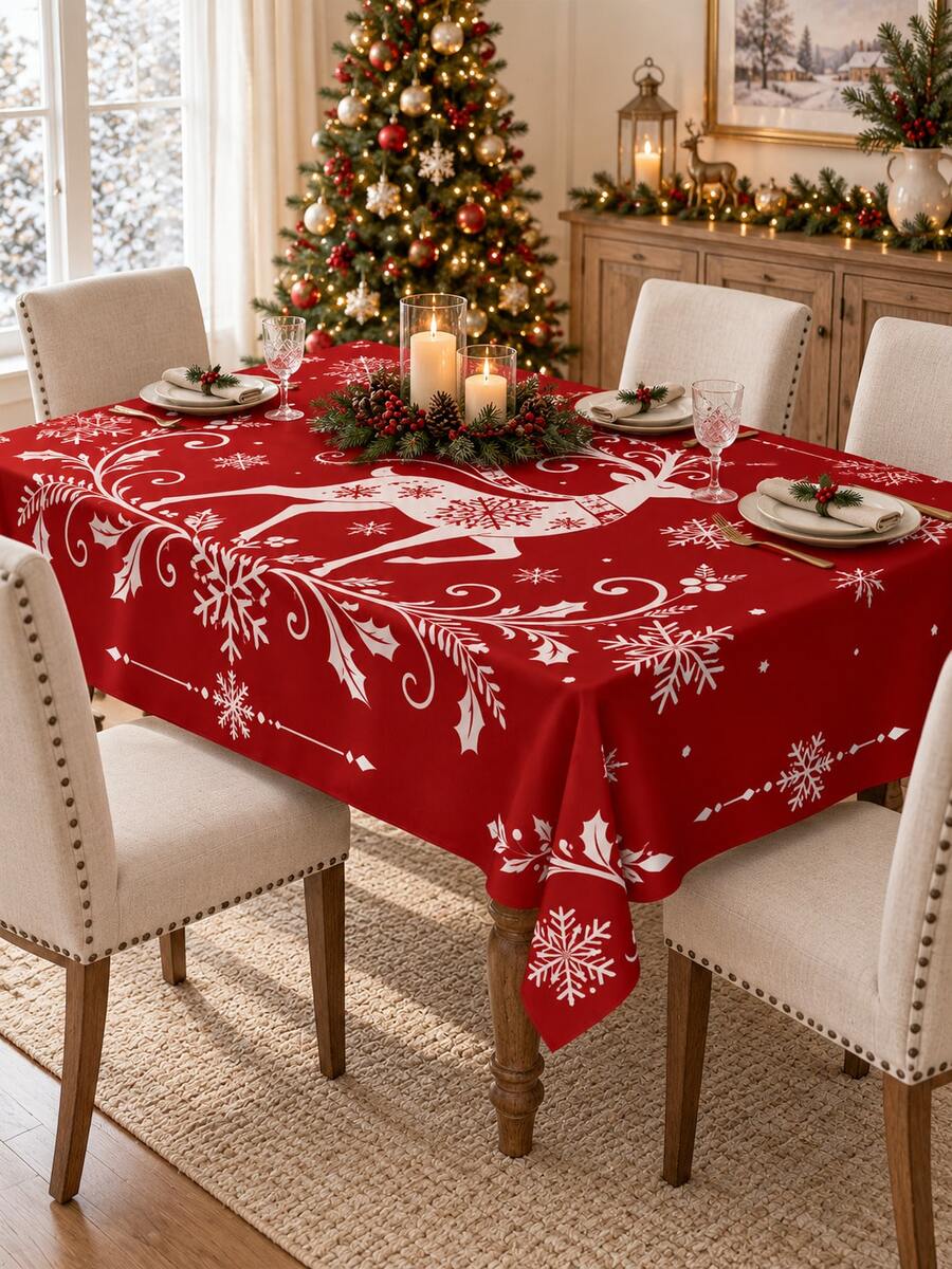 1pc Red White Christmas Reindeer Polyester Tablecloth, Snowflake Holly Pine Branch Print Table Cover For Round & Square Dining Tables, Xmas Party Winter Home Decor - Multicolor - View 1