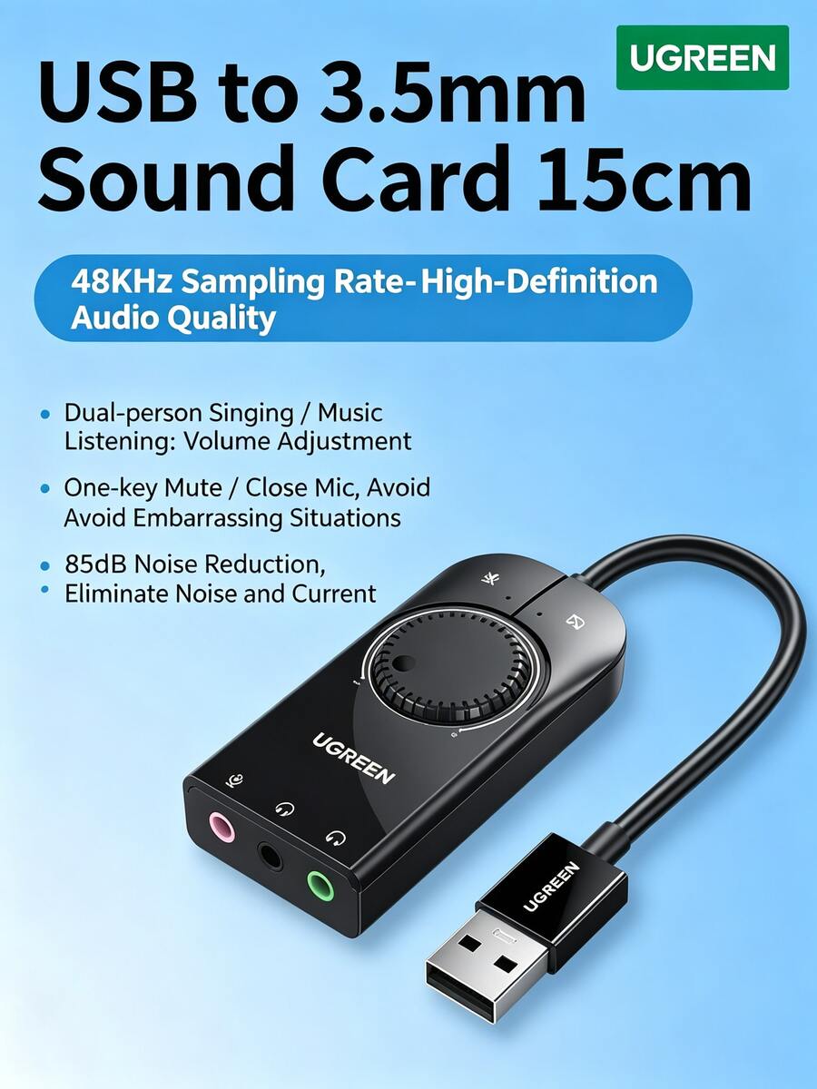 UGREEN CM129 External USB Sound Card, Computer Laptop Audio Converter, Headphone Microphone Speaker, Driver-Free USB 2.0 To 3.5mm Audio Headset Adapter, Plastic Shell Version, Compatible With PS4 And Mobile Phones - View 1