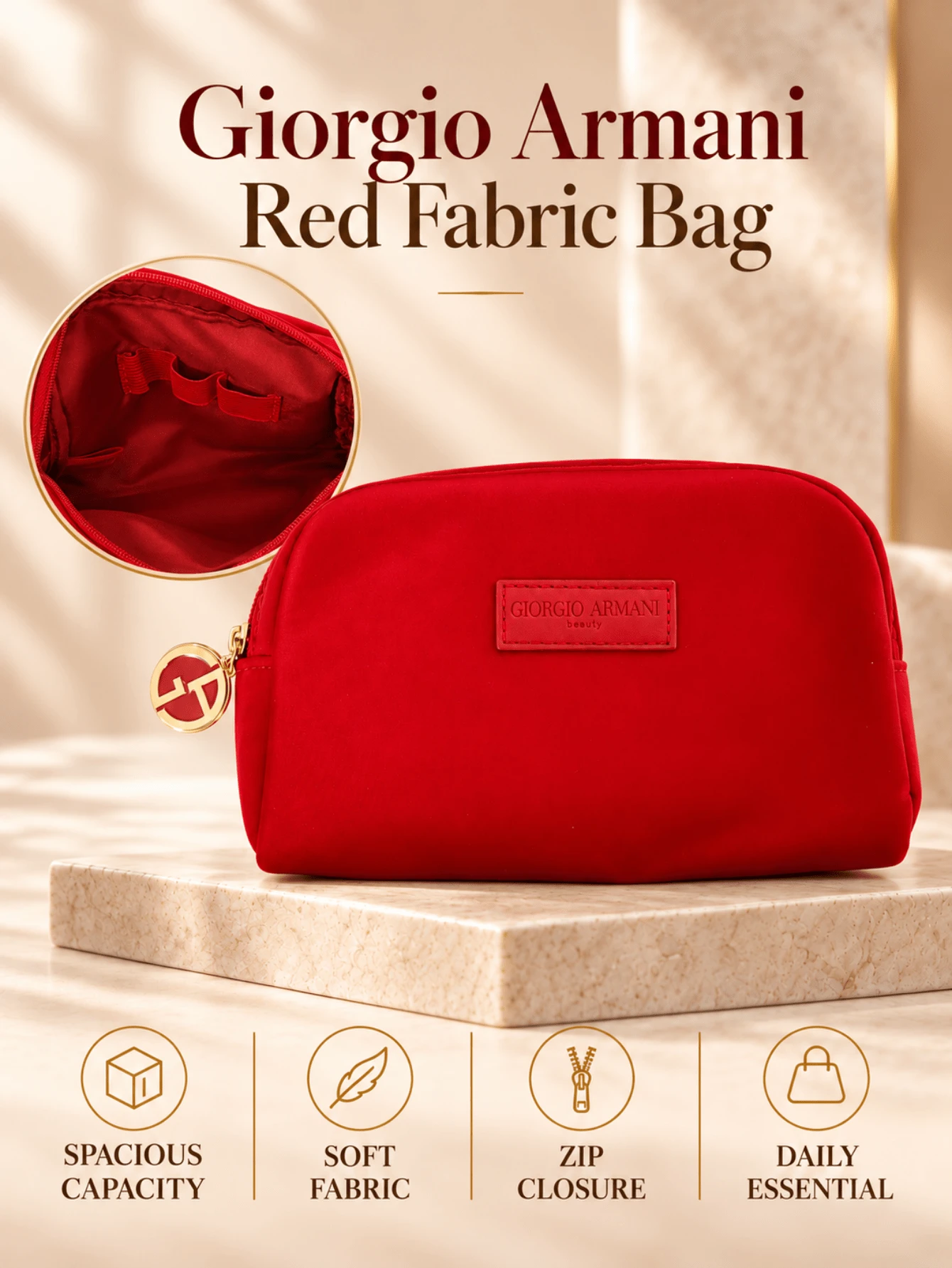 Giorgio Armani Armani Red Textile Bag, 18*12cm, Soft Fabric, Compact And Portable, Suitable For Daily Storage And Travel