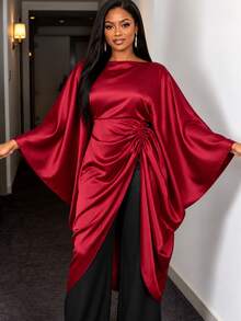 Elegant Women Satin Batwing Sleeve African Blouse Drawstring Waist Boat Neck Modern Top For Formal Event Church Festival Red Fall - Red - View 2