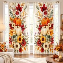 2pcs Three-Color Pumpkin & Floral Pattern Semi-Sheer Bedroom Curtains, 90GSM Polyester Semi-Transparent Privacy Protection, Mori Style Living Room Curtains, Kitchen Curtains, Suitable For Home, Room, Kitchen Partition Or Decoration, Rod Pocket Design Easy Installation, Quick Dry Water-Resistant Non-Fading, Lightweight Removable Washable Curtains - Multicolor - View 10