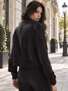 TRAFZA Women's Retro Solid Color Long Sleeve Jacket With Pockets And Buttons, Casual Autumn Bomber Jacket Black Spring - Black - View 5