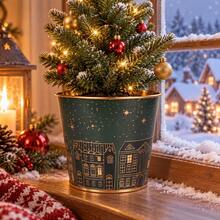 2Pcs Christmas Metal Planters With Golden Interior, Festive Decorative Flower Pots With Golden Printing, Small Round Plant Containers For Holiday Table Centerpiece, Home Decor, Party And Gift Basket - Christmas Flower Pot - View 5