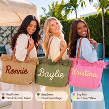 Personalized Boho Fringe Woven Tote Bag, Custom Name Beach Bag, Large Vacation Shoulder Tote, Bridesmaid Gift, Embroidered Tote For Women - Multicolor - View 3