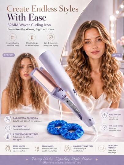 Rizadora de Pelo 32 mm Morada con Revestimiento Cerámico, Plancha Onduladora de Onda Profunda, 4 Temperaturas 160-220 C, Calentamiento en 15 s hasta 160 C, Protección Contra Quemaduras, para Cabello Corto y Seco, Fácil para Principiantes, Ondas de 24 Horas, Herramienta de Peinado para Mujer, Escuela y Viaje, Enchu