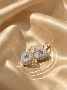 Swarovski 1pair Silver Tone Heart Drop Earrings With Blue & Clear Glass Rhinestone, Geometric Heart Dangle Earrings For Women Party Statement Jewelry - Silver - View 7