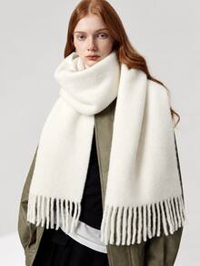 1pc Solid Color Tassel Decor Scarf, Elegant Thick Unisex Scarf, Autumn/Winter Fashion Accessory - White - View 7