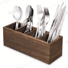 1pc Paulownia Wood Cutlery Holder, Kitchen Utensil Storage Rack, 4-Compartment Wooden Tableware Organizer, Large Dining Table Utensil Holder Knife & Fork Rack, Suitable For Napkins, Spoons, Forks, Knives, Kitchen Supplies - 1 Pack - View 2