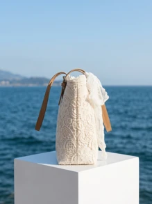 CAJUNI Women's Lace Underarm Bag, Bow Decor, Minimalist Large Capacity, Suitable For Beach, Commute, Daily Use, Gift Choice, Large Capacity - White - View 4