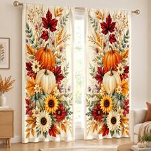 2pcs Three-Color Pumpkin & Floral Pattern Semi-Sheer Bedroom Curtains, 90GSM Polyester Semi-Transparent Privacy Protection, Mori Style Living Room Curtains, Kitchen Curtains, Suitable For Home, Room, Kitchen Partition Or Decoration, Rod Pocket Design Easy Installation, Quick Dry Water-Resistant Non-Fading, Lightweight Removable Washable Curtains - Multicolor - View 7