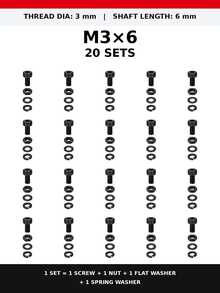 10/20/50 Set Baut Kepala Soket Heksagonal M3/M4 dengan Mur, Ring Pipih & Ring Pegas, Baut Metrik Berulir Penuh Warna Hitam, Berbagai Panjang 6–20mm untuk DIY, Furnitur, Mesin & Perbaikan Rumah - 20 Set - View 20