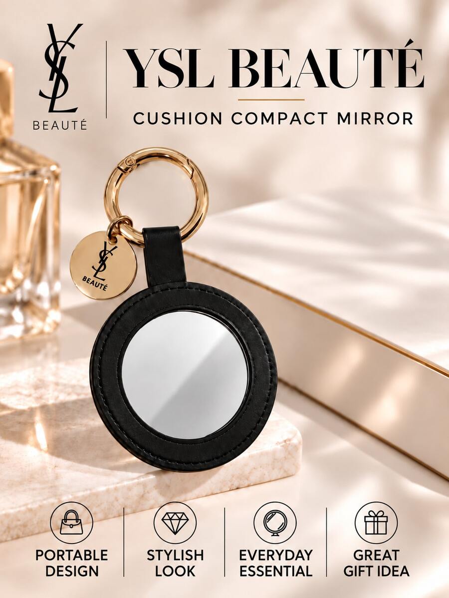 YSL Saint Laurent Compact Mirror, 7.4*5.6cm, Portable Scratch-Resistant Faux Leather, Perfect For On-The-Go Touch-Ups