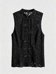 ZAHM Black Lace Chinese Style Vest | Sleeveless Stand Collar Frog Button Waistcoat | Spring/Summer Elegant Layering Top, Vintage Style - Black - View 11