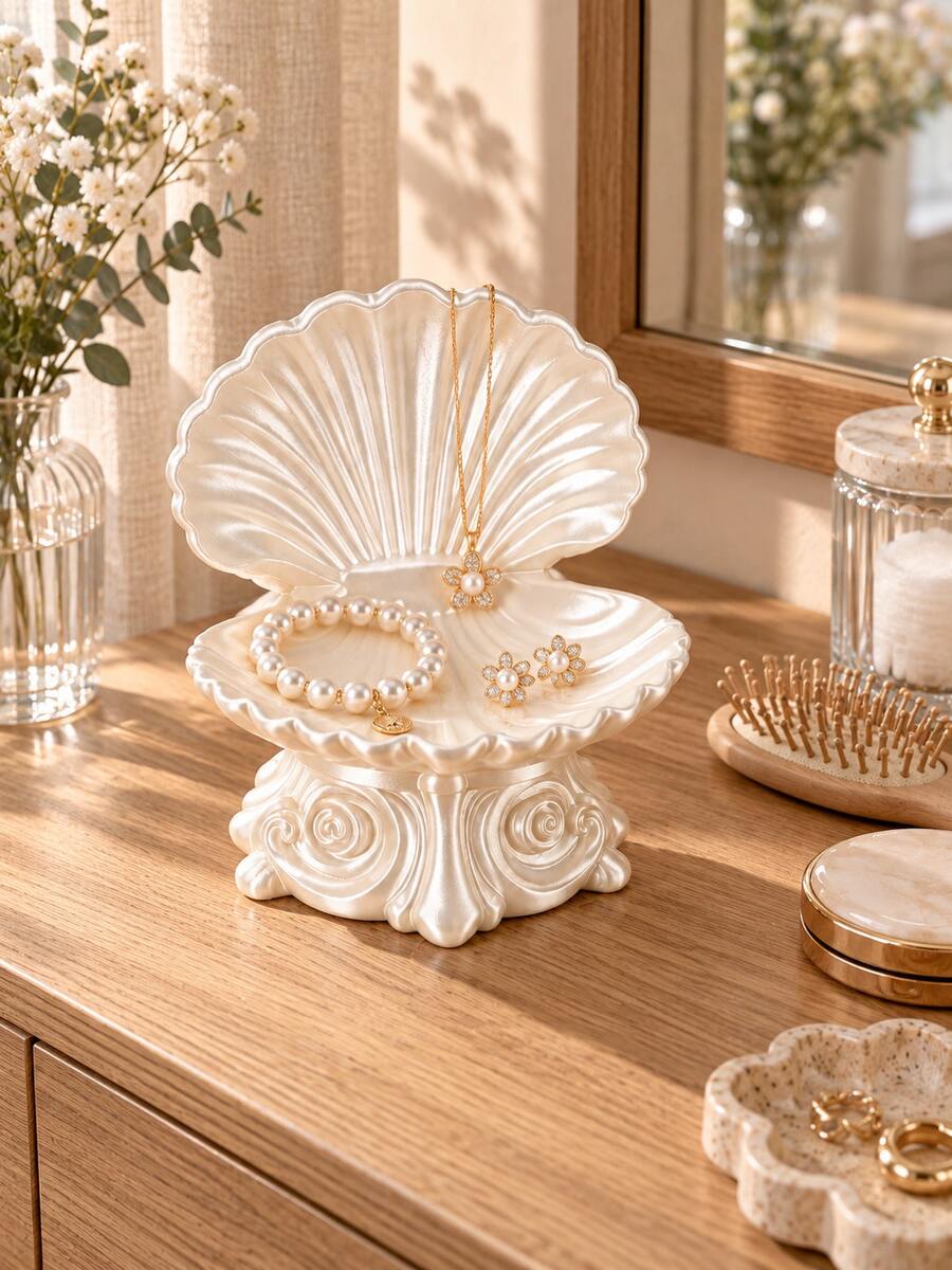 1pc Pearl White Shell Jewelry Display Tray With Exquisite Floral Base, Fashionable Storage For Rings, Earrings, Necklaces And Bracelets, Decorative Organizer For Vanity, Bedroom, Bathroom Countertop Or Entryway | Jewelry Storage Box, Shell Tray, Ring Holder, Gift - Multicolor - View 1