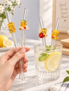 4PCS Reusable Clear Bent Glass Straw With Cute Yellow Bear Ornament, Suitable For Hot & Cold Drinks, Great For Beach Trip, Wedding Party & Holiday Present - View 2