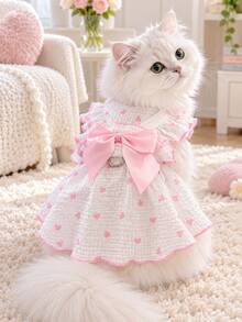 Princess Style Cat Dress, Pink Heart Print, Layered Ruffle Shoulder Decor And Large Satin Bow, Soft Cotton Gauze Fabric, With D-Ring Chest Harness, Suitable For Small Pets Summer Daily Wear - New Arrival - Pink - View 1