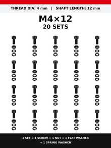 10/20/50 Set Baut Kepala Soket Heksagonal M3/M4 dengan Mur, Ring Pipih & Ring Pegas, Baut Metrik Berulir Penuh Warna Hitam, Berbagai Panjang 6–20mm untuk DIY, Furnitur, Mesin & Perbaikan Rumah - 20 Set - View 16