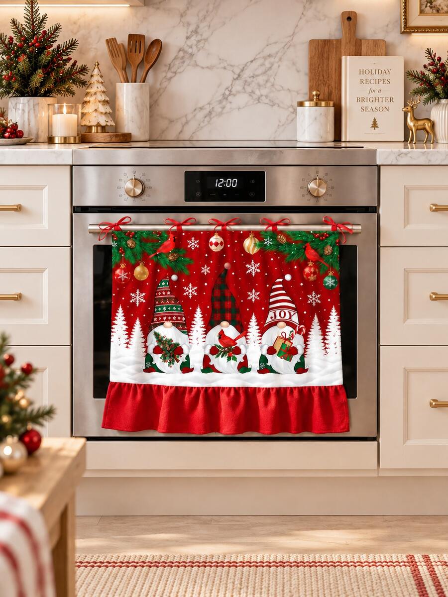 Christmas Elf Family Red Cardinal Print Oven Curtain, Red Scalloped Edge Fabric Oven Curtain, Christmas Kitchen Holiday Decor - Three Dwarfs - View 1
