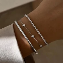 3件組鑲嵌立方鋯石水鑽鏈條手鍊套組，精緻簡約，適合女性日常配戴、約會、派對、聚會，可疊戴搭配 - 銀色 - 查看 2