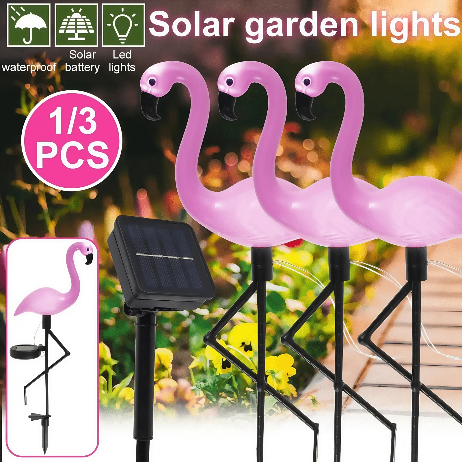 1-To-3 Flamingo Solar Lights, LED Glowing Lawn Lights, Holiday Decoration Lights, Suitable For Outdoor Garden, Yard Lawn, Balcony Patio - Flamingo 1-to-3 Cable - View 1