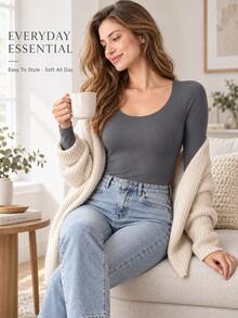 Women's Ultra-Thin Warm Thermal Base Layer Top, Long Sleeve Round Neck High Elastic Slim Fit Undershirt, Autumn/Winter - Grey - View 5