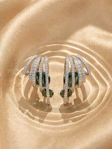 Swarovski 1pair Silver Tone Layered Hoop Earrings With Green & Clear Glass Rhinestone, Statement Cuff Earrings For Women Party Jewelry - Silver - View 5