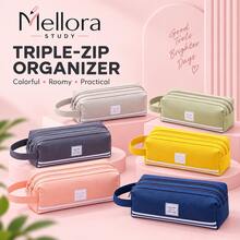 1Pc/6pcs Large Capacity Canvas Pencil Case With Handle, Double Zipper Multi‑Layer Pencil Pouch, Solid Color Portable Stationery Bag For Students Back To School Supplies - Double Zipper - View 7