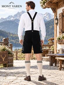 Herrarnas bayerska Oktoberfest-outfitset, rutig skjorta med broderade lederhosen-shorts, traditionell alpin stil med hängslen kostym - Svart hängslen - Visa 6