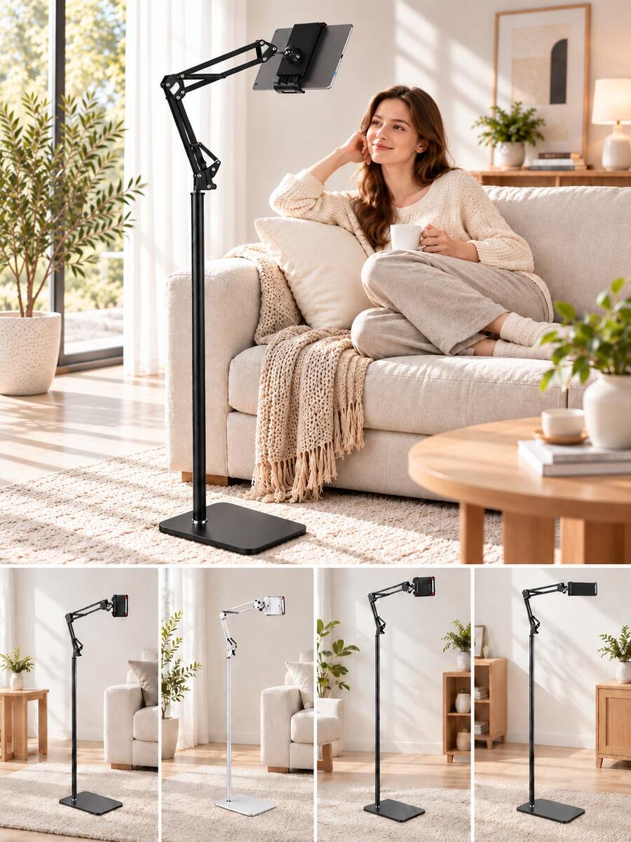 Tablet And Phone Floor Stand, Adjustable Height 360° Rotating Bracket, Flexible Spring Arm Overhead Stand, Wide Metal Base, Universal 4.7-12.9 Inch Tablet And Smartphone Holder, Suitable For Bed, Sofa, Kitchen, Hands-Free Viewing, Reading, Video Calls, Live Streaming