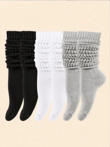 1/3/5/10/20 Pairs Women's Solid Color Loose Knit Mid-Calf Socks, Soft Breathable Layering Socks, Black White Gray Warm Tones Casual Socks, Suitable For Autumn/Winter Daily Wear - Multicolor - View 1