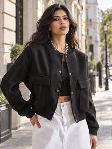 TRAFZA Women's Retro Solid Color Long Sleeve Jacket With Pockets And Buttons, Casual Autumn Bomber Jacket Black Spring - Black - View 7