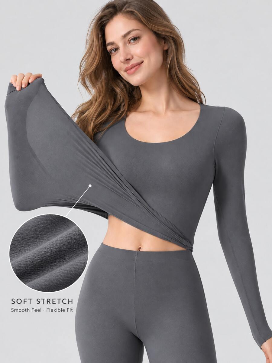 Women's Ultra-Thin Warm Thermal Base Layer Top, Long Sleeve Round Neck High Elastic Slim Fit Undershirt, Autumn/Winter - Grey - View 1
